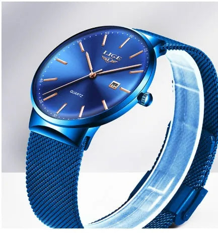 Men's digital watch with stainless steel case and resin strap in black, blue, or two-tone colour