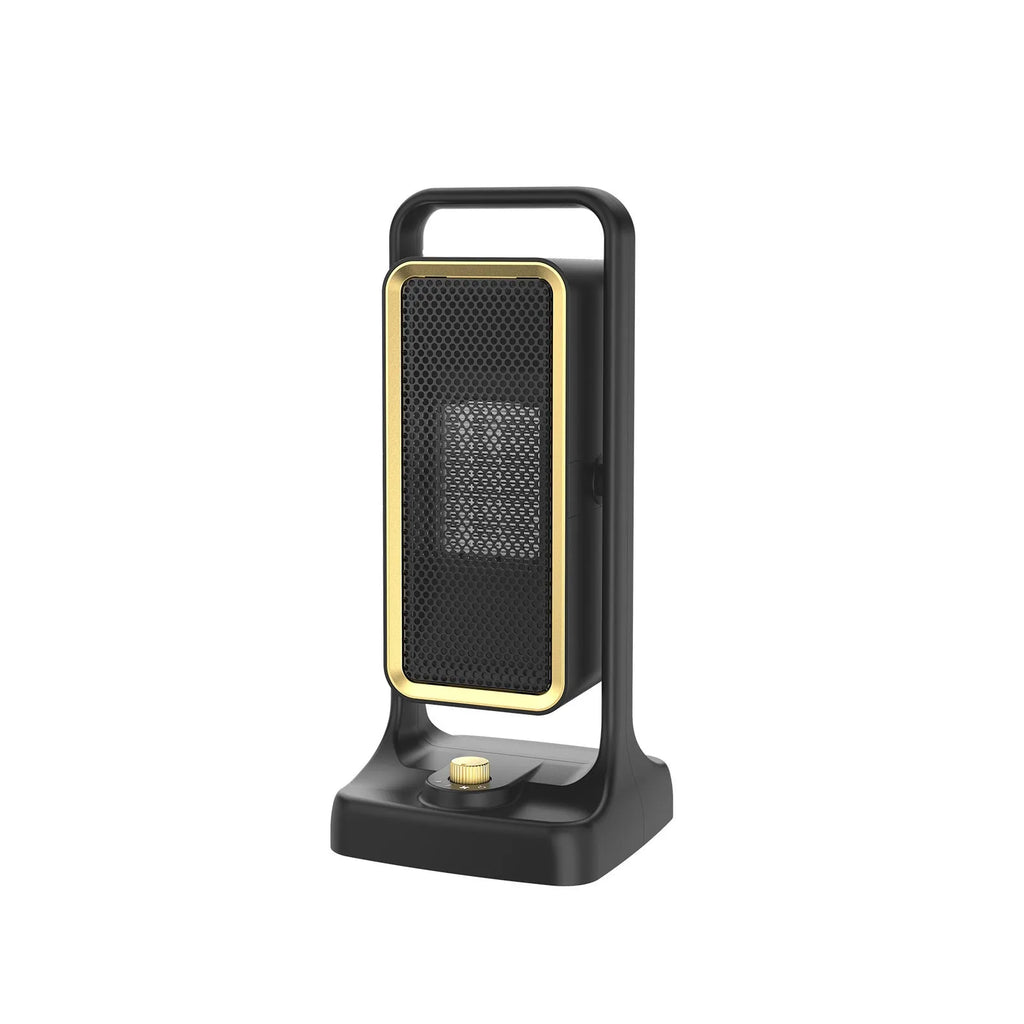 Black PTC ceramic desktop heater with control knob and compact design for room heating