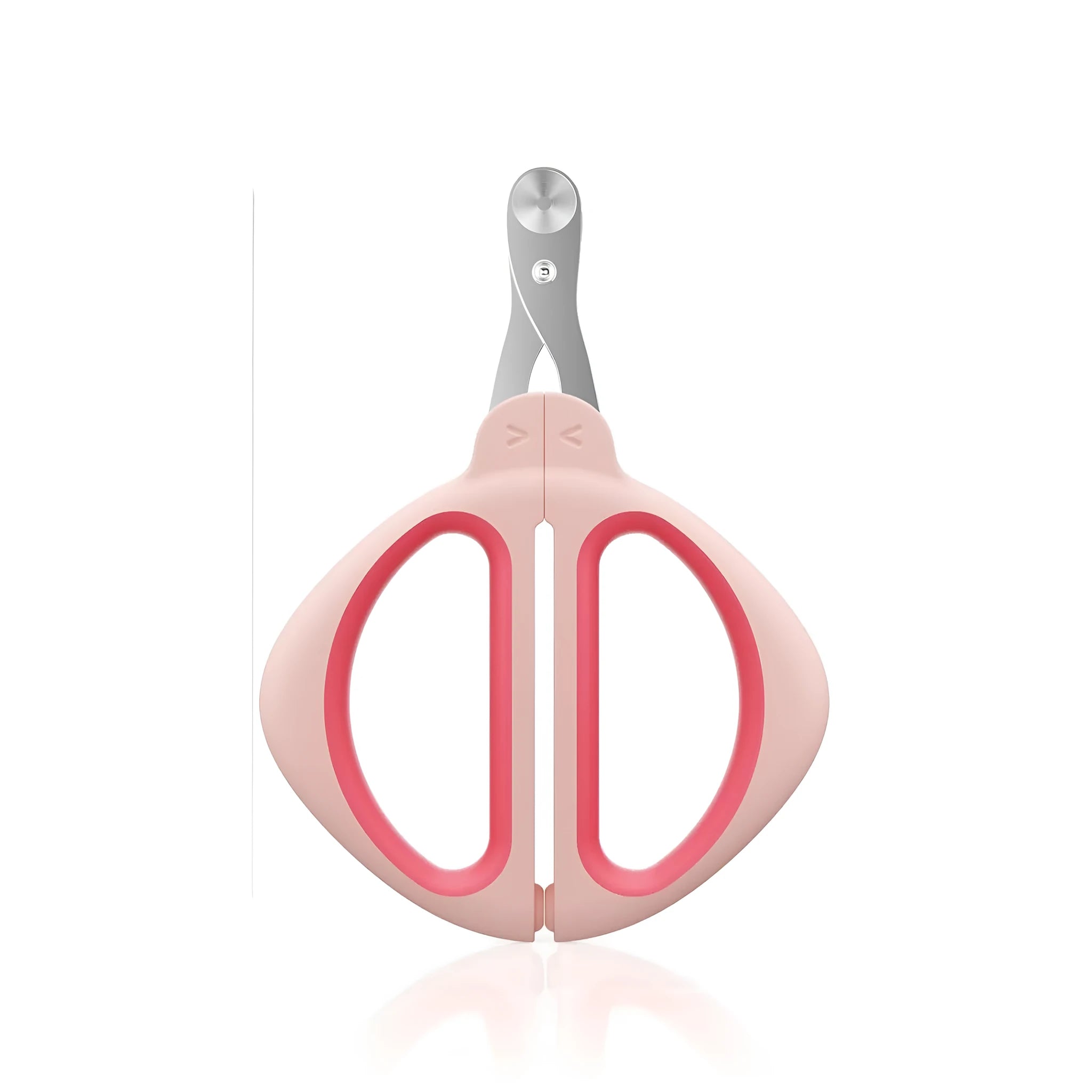 Blue pet nail clipper with a round positioning hole and textured handle on a white background.