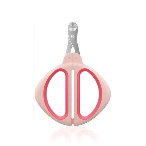 Blue pet nail clipper with a round positioning hole and textured handle on a white background.