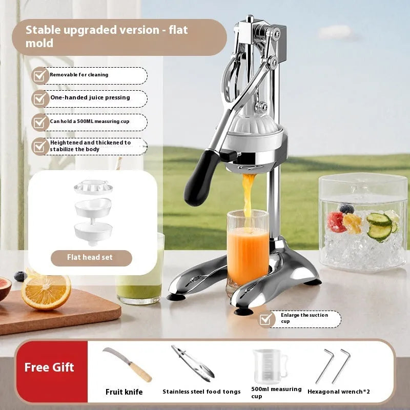 Manual stainless steel and nylon citrus juicer on a countertop, 480cm size with flat mould head.