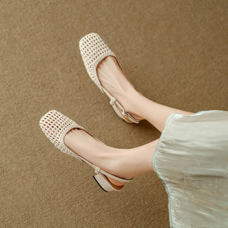 Women's woven hollow-out sandals with chunky heel and adjustable buckle in beige colour