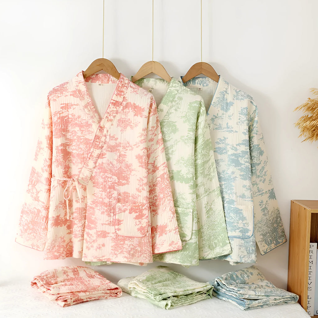 Women's pure cotton gauze loungewear set with lace-up trousers in frosted pine tree colours