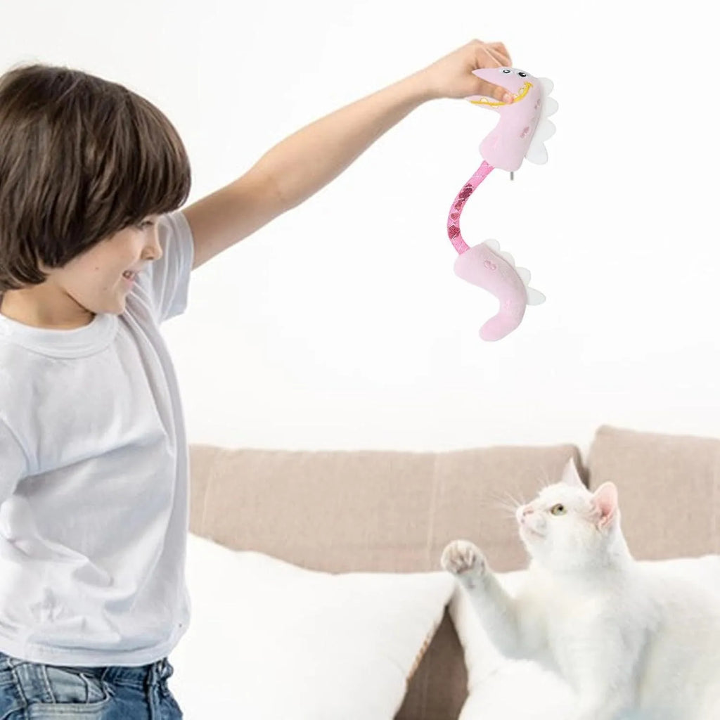 Set of four cat toys including chew toys, springs, rope toys, and kicker toys in pink, purple and yellow colours