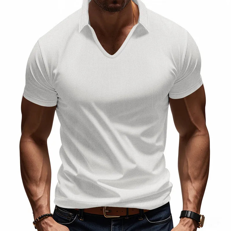 Men's loose casual V-neck short sleeve t-shirt in a light solid colour.