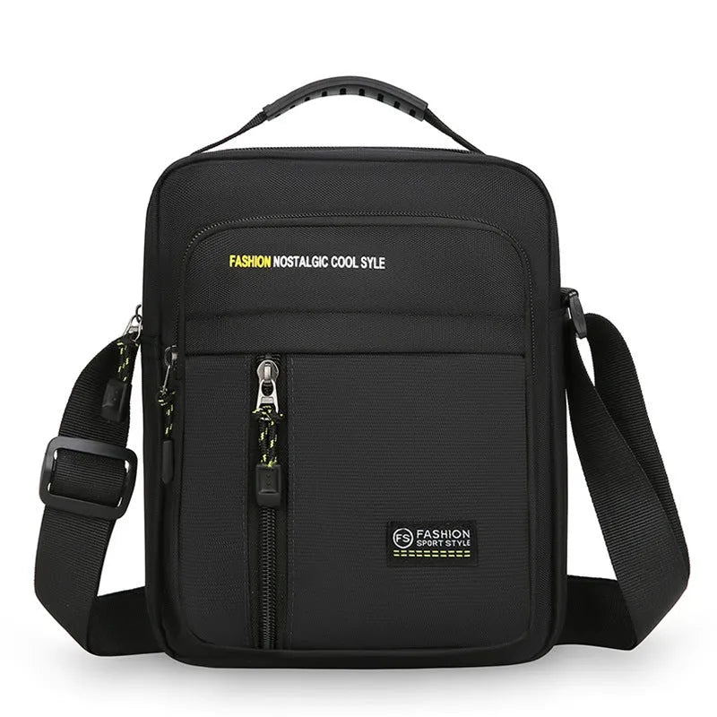 Men's nylon crossbody messenger bag shown in available colours: green, gray, black, and blue.