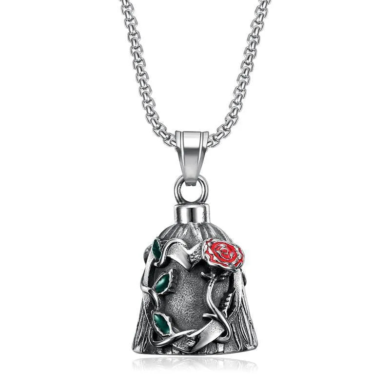 Titanium steel motorcycle riding lucky bell with vintage polished finish and double-sided epoxy rose design
