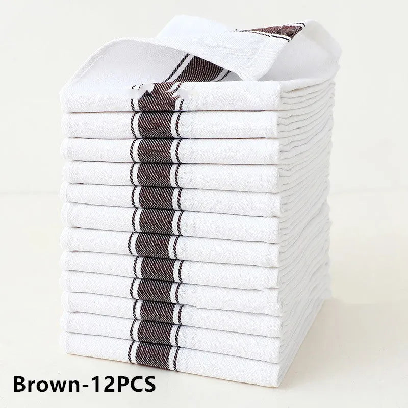 Set of twelve striped cotton blend kitchen dish towels in various colours, each measuring 48 by 70 centimetres.