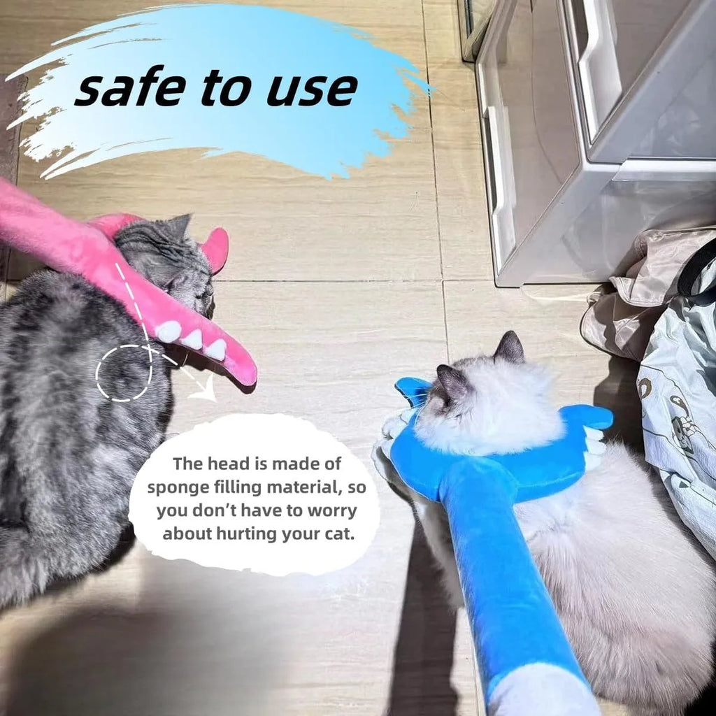 Blue and pink plush cat wand toy with a 70cm handle for interactive pet play.
