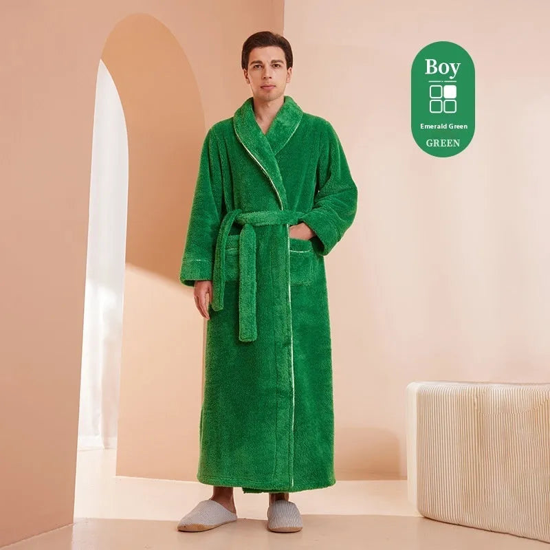 Thickened winter couple's bathrobe in Angola red flannel with European style cut and plus size options