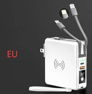 Black or white 10000mAh power bank with wireless charging and four international plug adapters
