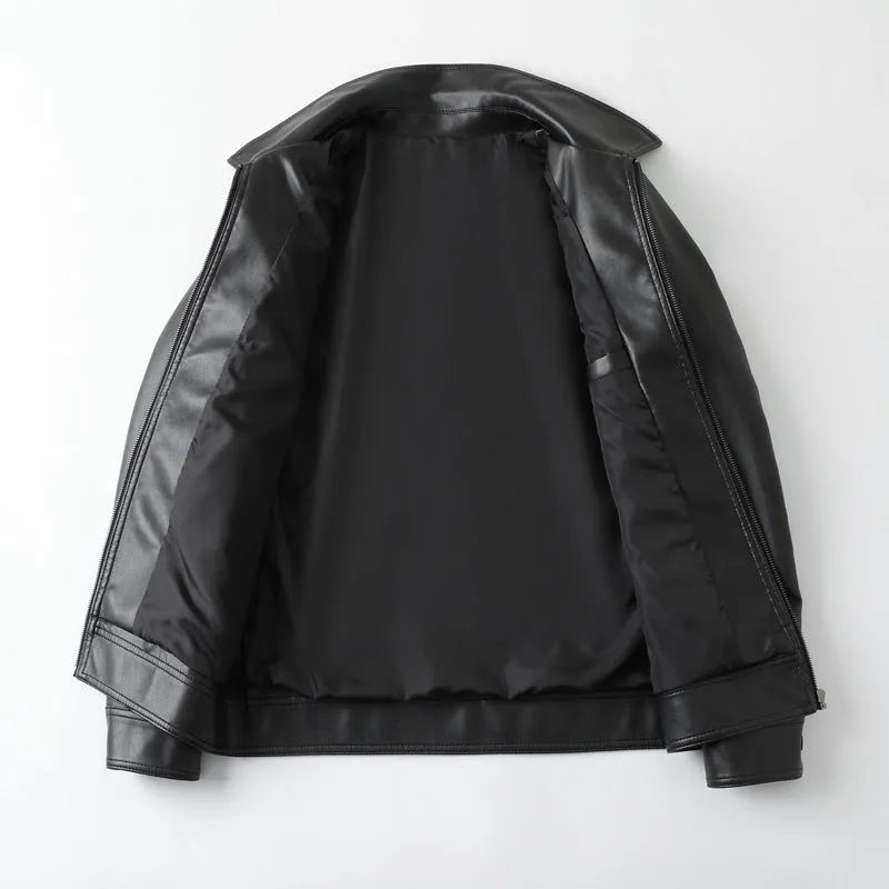 Men's black PU leather casual jacket with zip pockets and loose fit