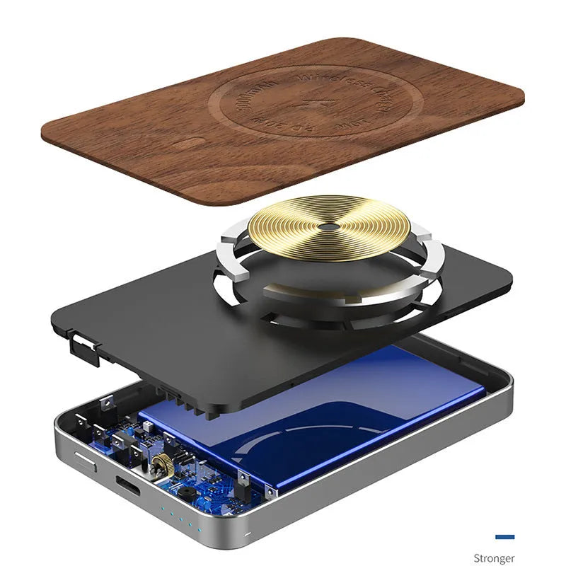 Khaki magnetic wireless charging bank 5000mAh with alloy shell and USB port