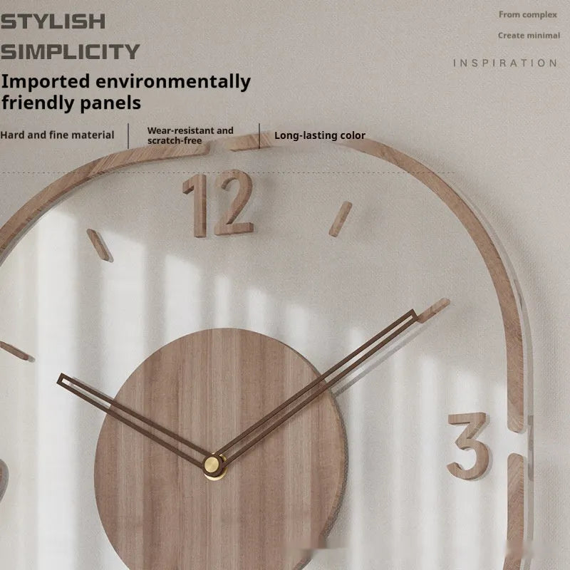 Transparent wooden frame wall clock with modern design measuring 35cm square
