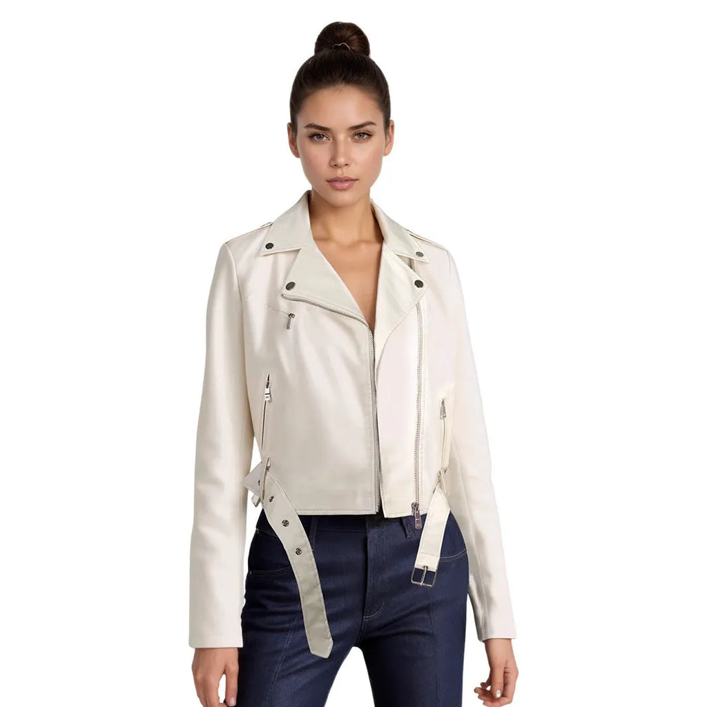 Women's black PU leather jacket with lapel short belt in street fashion style