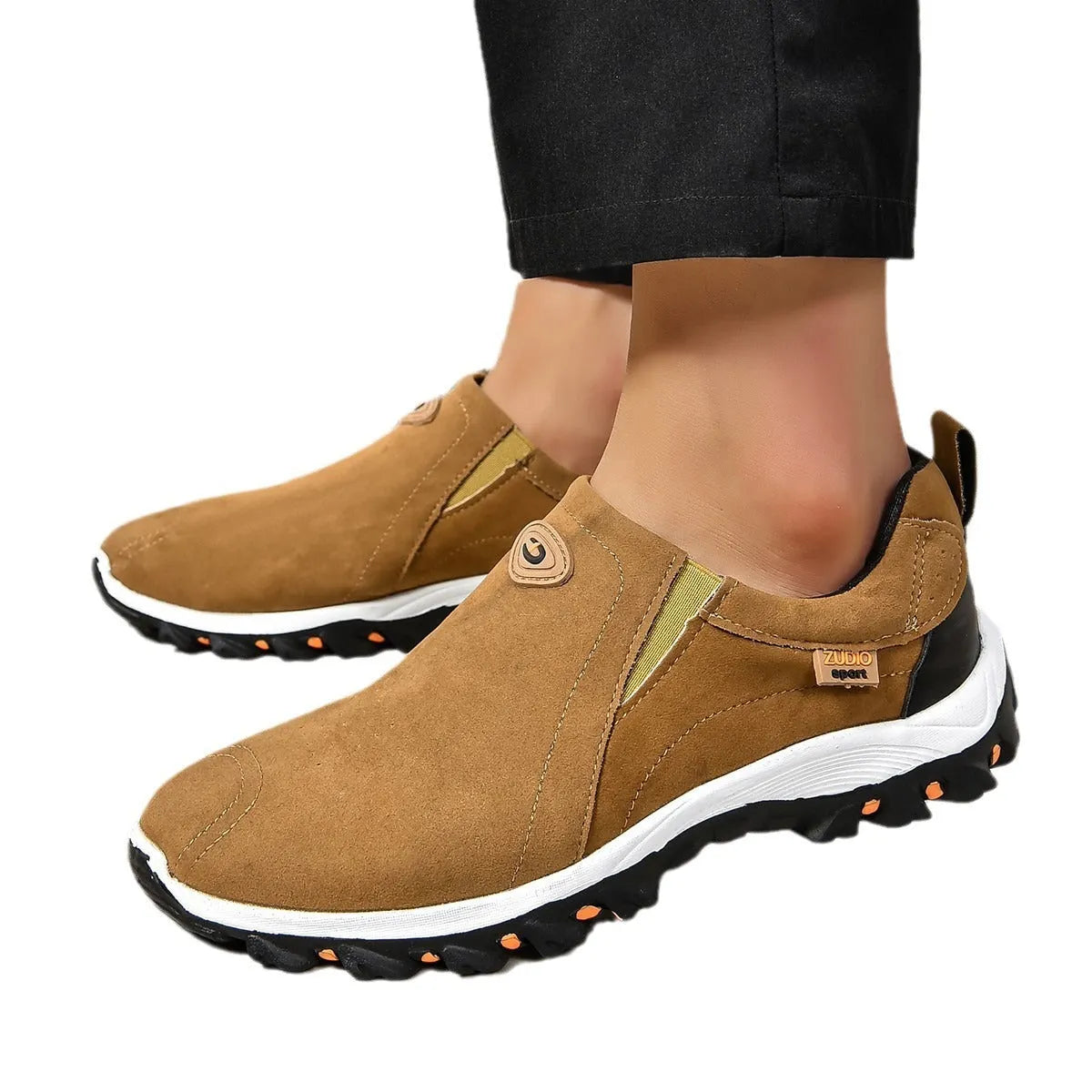 Men's thin slip-on overshoe covers in grey, blue, light brown, green, and black colours on a rubber sole.