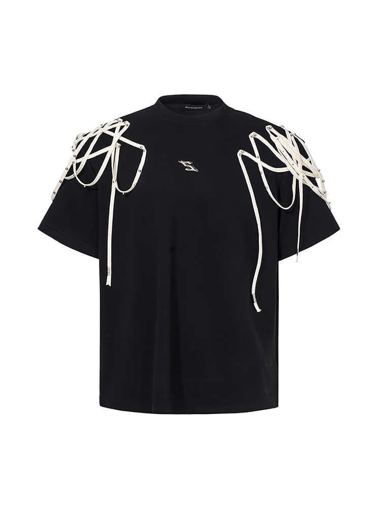 Black loose-fit short-sleeved T-shirt with a decorative rivet and ribbon padded shoulder detail.