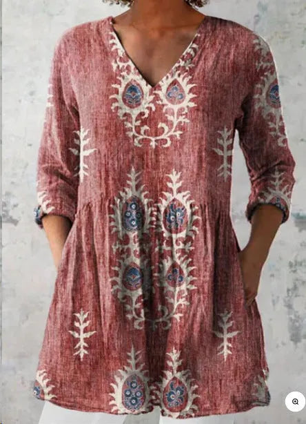 Women's printed loose wave dress with 3/4 sleeves and wide waist in polyester fabric