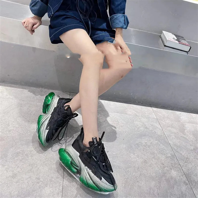 Women's leather sports shoes with thick jelly soles and cross-tie laces in multiple colours