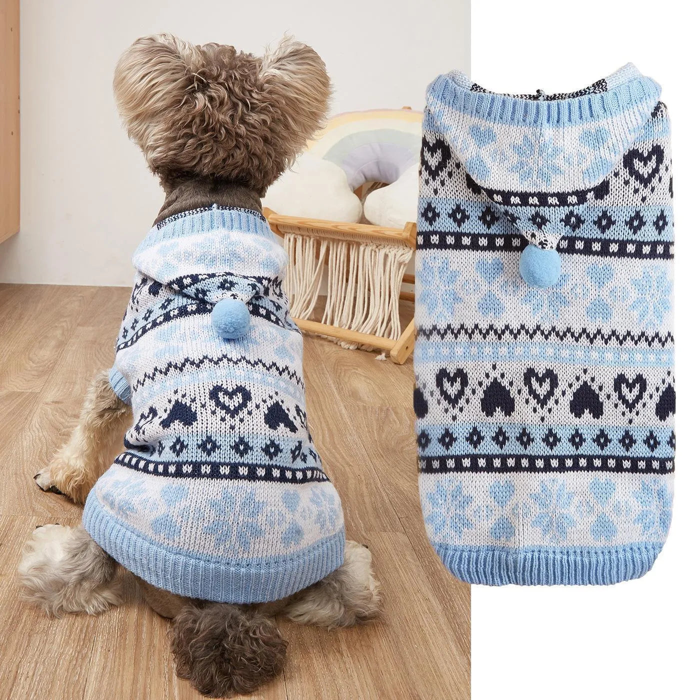 Knitted acrylic dog sweater with striped camouflage pattern and snowflake love design for small breeds