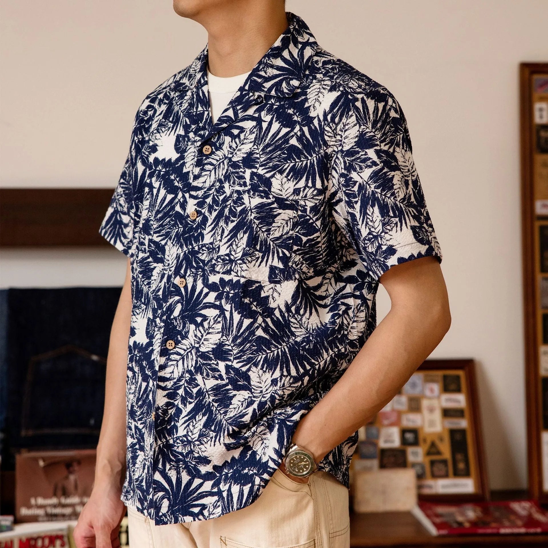 Vintage floral print seersucker shirt with Cuban collar in loose cardigan style
