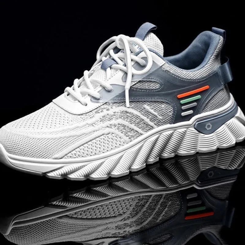 Men's white blue platform casual running shoes with cross shoulder straps and mesh upper
