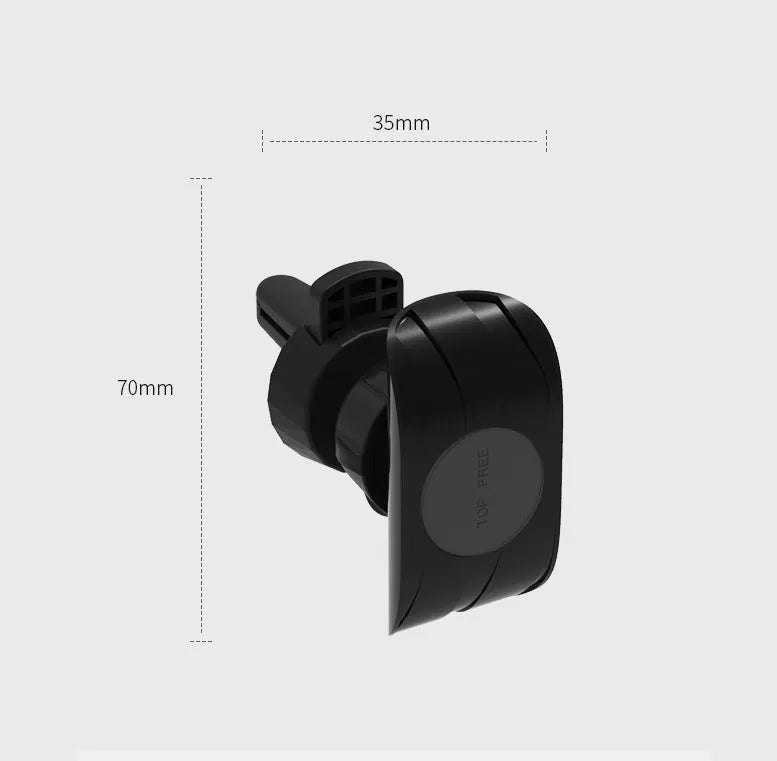 Glossy black car phone holder mounted on vehicle air vent holding smartphone