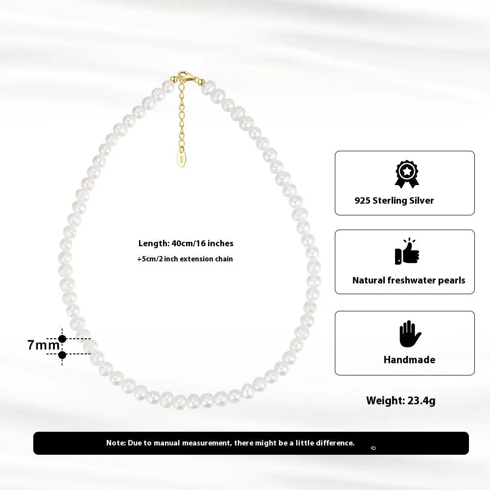 Women's adjustable necklace with 6-7mm natural freshwater pearls on a 925 sterling silver chain.