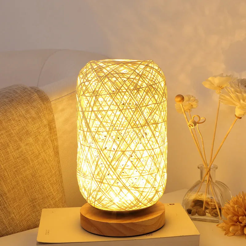 Sepak takraw twine desk lamp with hemp rope shade on solid wood base