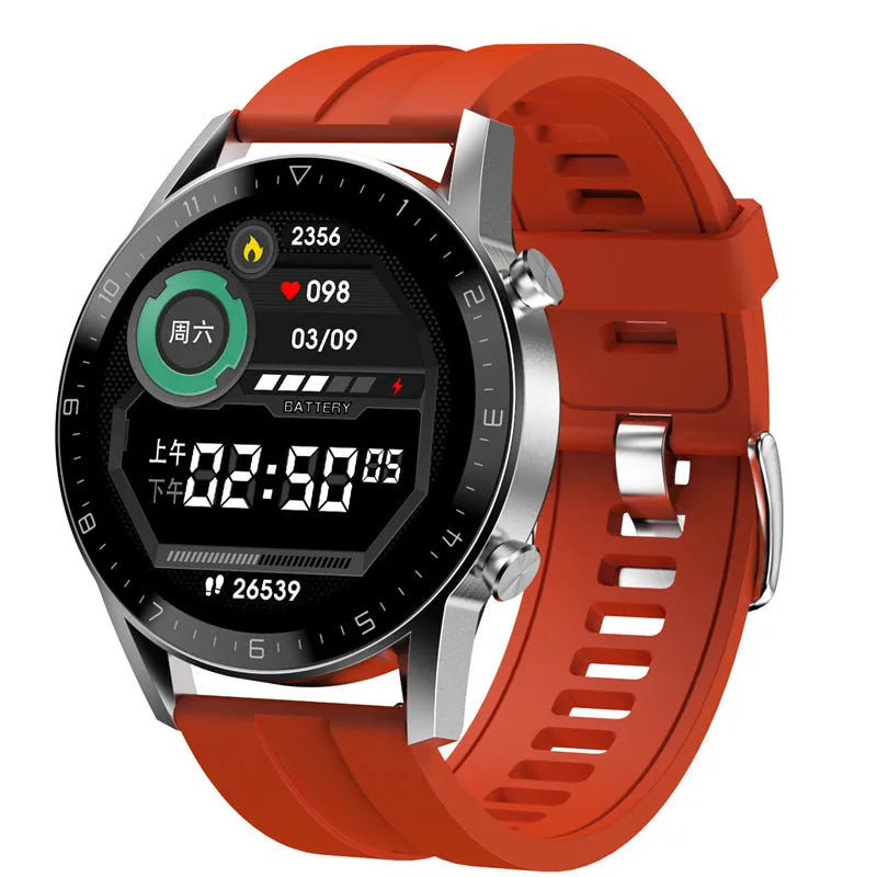 Sports smartwatch with black leather strap and 1.3-inch touchscreen displaying step count