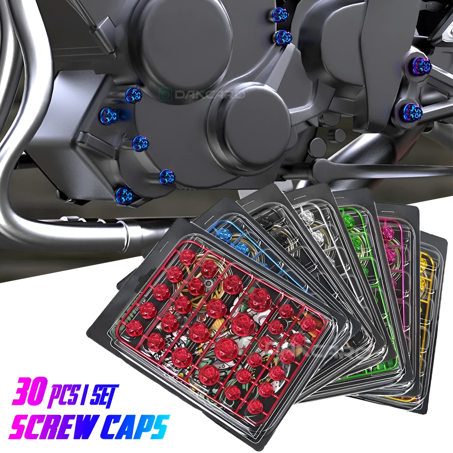 Set of 30 coloured ABS plastic screw caps for motorcycle engine M6 bolt heads.