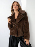 Women's loose short faux fur coat in rose red with regular sleeves