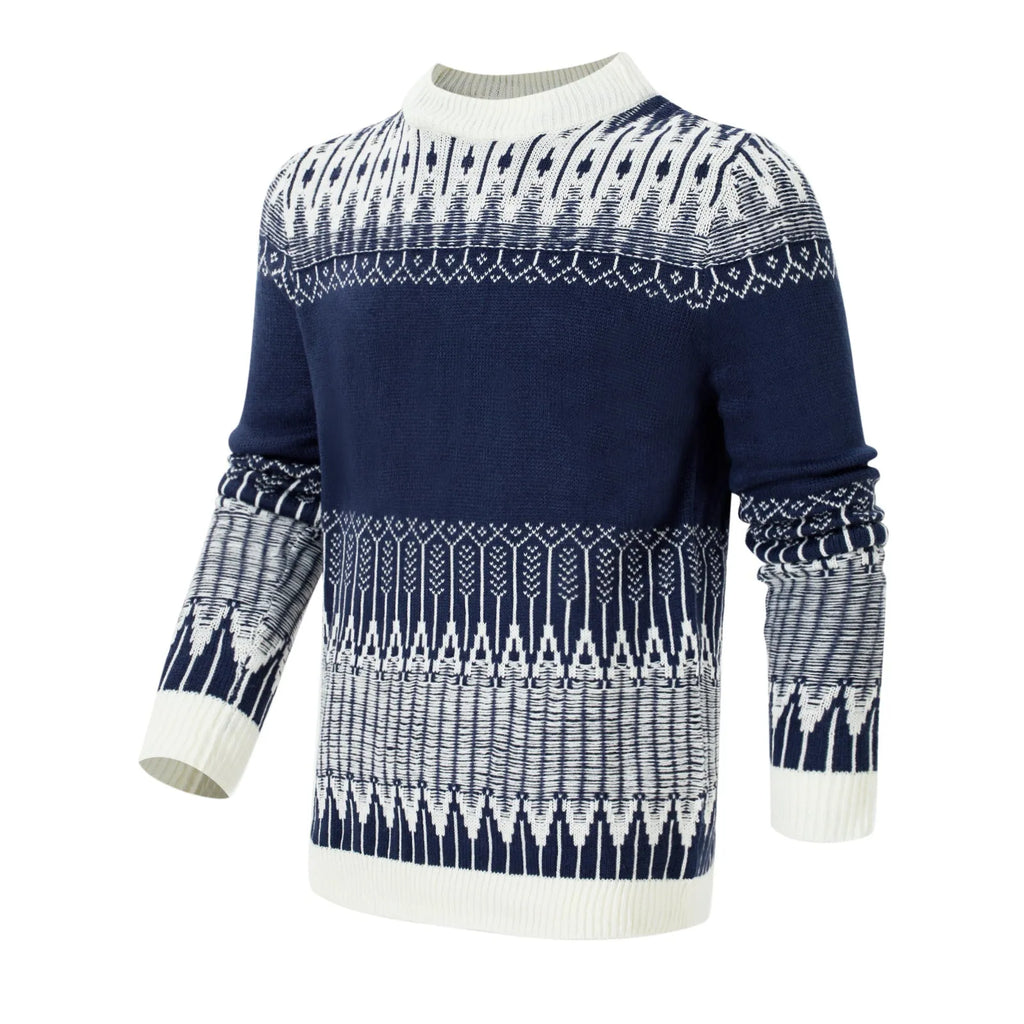 Men's grey knitted crew neck pullover sweater on a hanger.