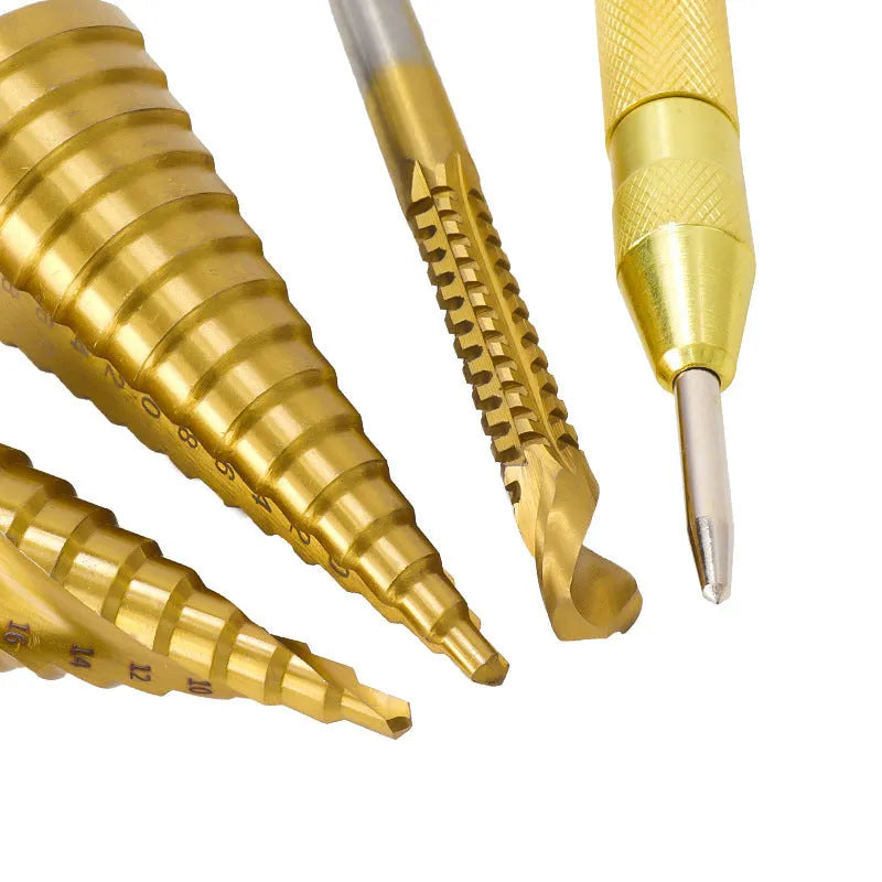 High speed steel step drill bits and centre punch set for metal drilling