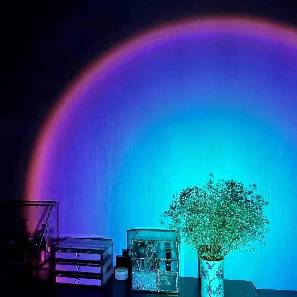 USB rechargeable rainbow projection lamp with sunset red colour and push-button control