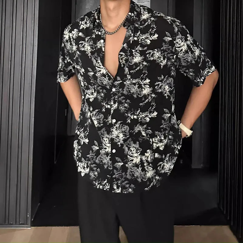 Men's loose fitting floral print short sleeve casual shirt in black and white colour options