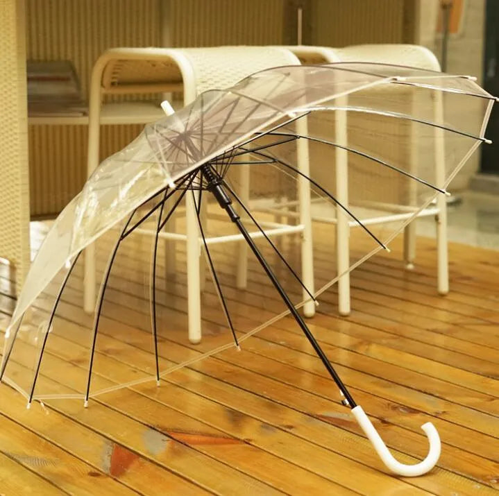 Big Long Handle 16 Rib Transparent Umbrella with POE Fabric Canopy Black Steel Skeleton ABS Plastic Handle for Rain Protection Black White Colour Options