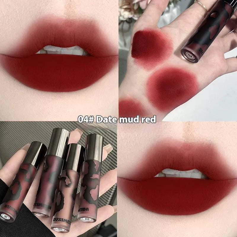 Matte lip mud lipstick tube showing five colour shades including orange brown coffee and cool grey
