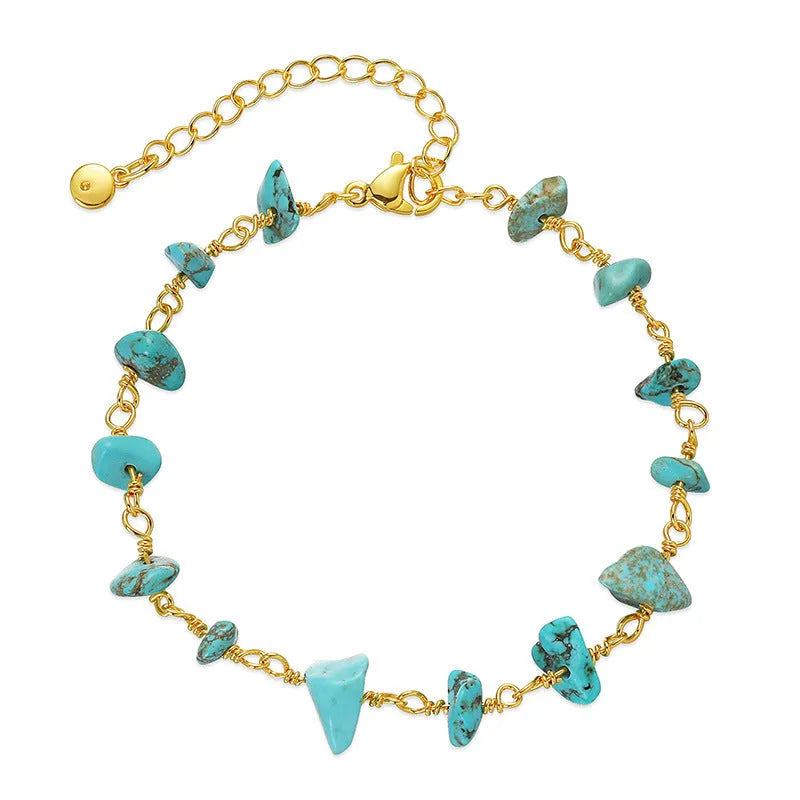 Women's 18K copper bracelet with irregular natural gravel turquoise stones and geometric crystal elements