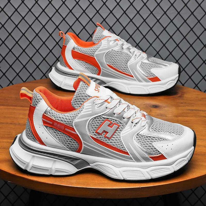 Men's mesh casual running shoes with plastic soles in black, white and gray, or white orange colours