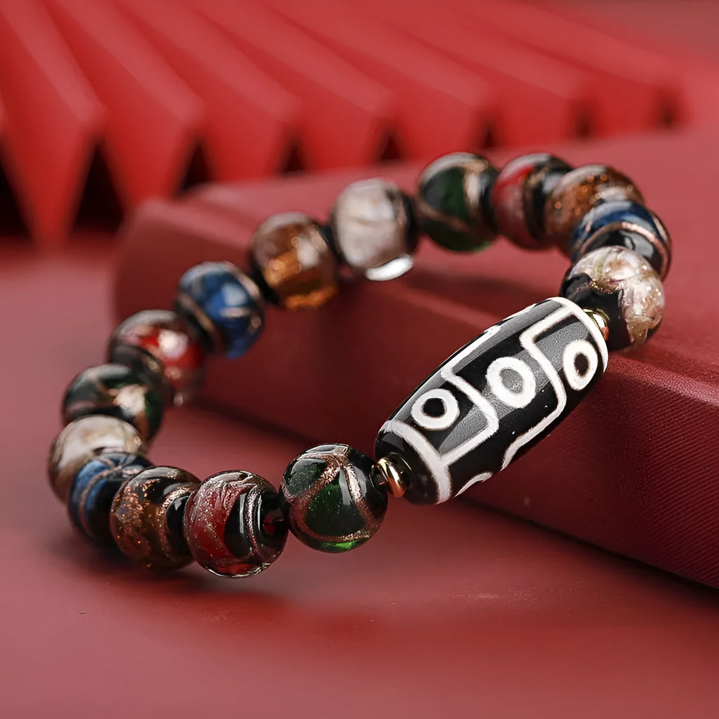 Chinese coloured glaze bracelet with five-colour design featuring snake lucky beads in traditional manual craftsmanship