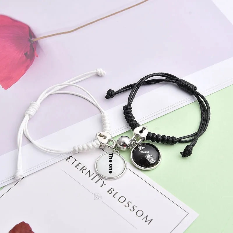 Magnetic couple bracelets with crown and diamond designs in alloy electroplated construction