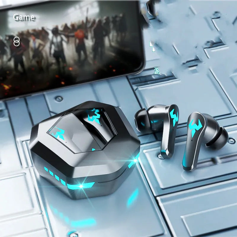 Black wireless Bluetooth stereo gaming headset with in-ear design and charging cable