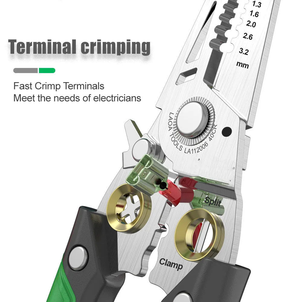 Stainless steel 7-in-1 wire stripper tool with two-colour ABS handle for electrical and mechanical work.