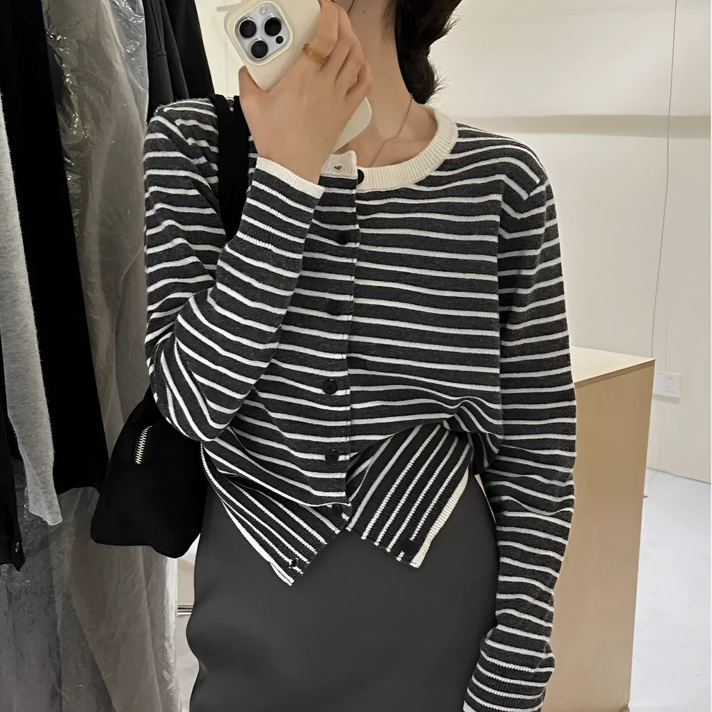 Dark grey and white striped women's slim-fit cardigan coat with long sleeves.