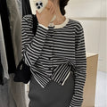 Dark grey and white striped women's slim-fit cardigan coat with long sleeves.