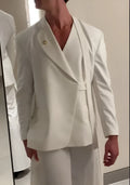 White modern draped collar suit set for women with blazer and straight leg trousers