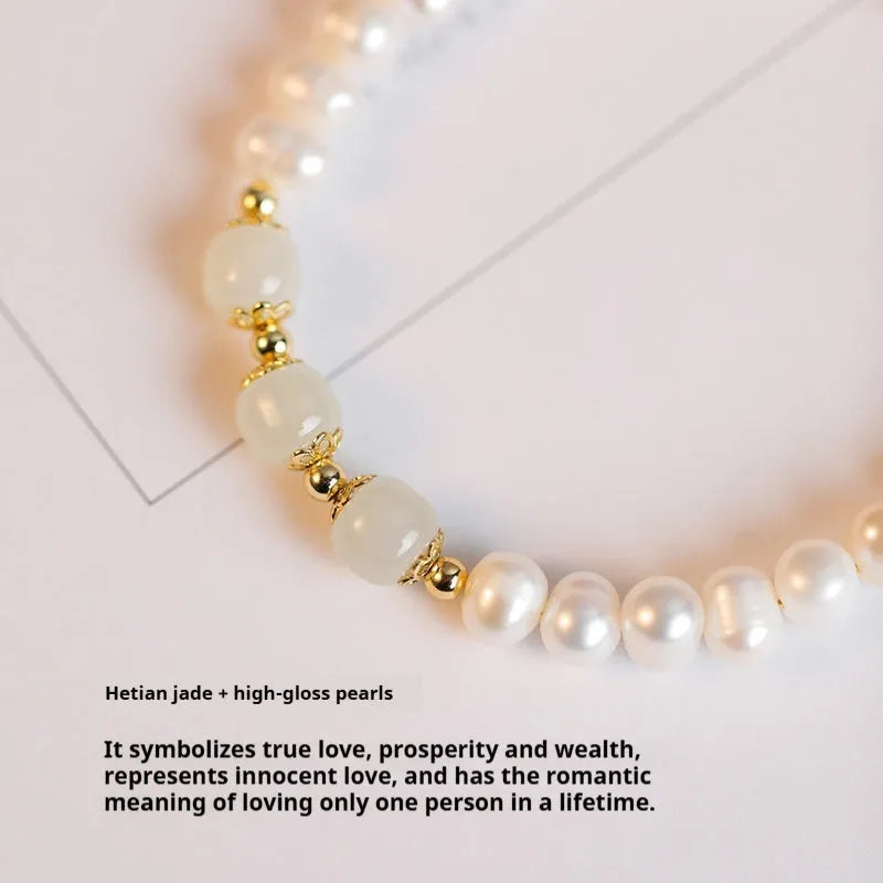 Korean-style natural freshwater pearl bracelet with diamond-shaped pearls in Hetian jade colour.