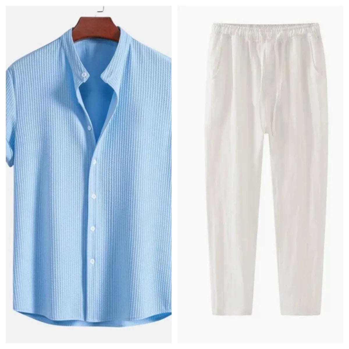 Men's loose fit short sleeve polyester summer shirt on a hanger, shown in a light blue colour.