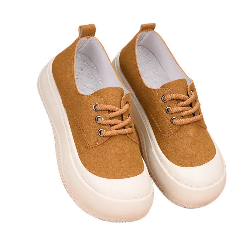Women's camel suede platform loafers with a 4CM thick sole and round toe lace-up front.